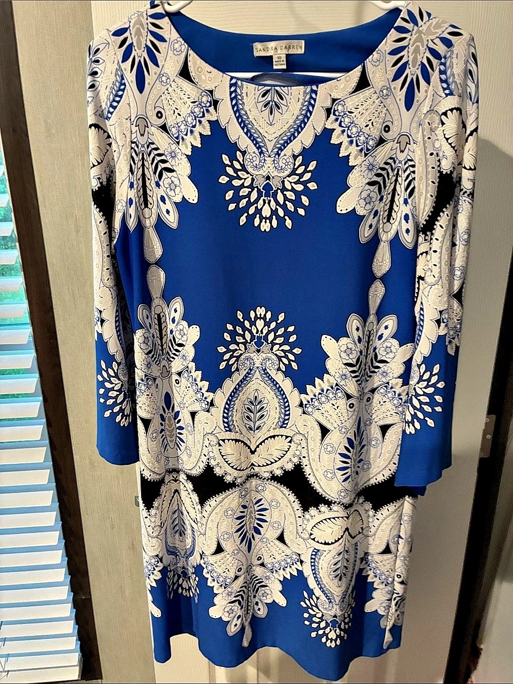 Sandra Darren Paisley Long Sleeve Dress in Blue & White Size 10 Like New